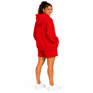 Women's Red Hooded Sweatshirt Shorts <b>Set</b> Cotton Fleece Loose Fit Drawstring Pocket Casual Anti-Shrink Customizable Sports - Product Image 6
