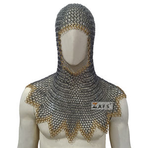 Capucha de malla metálica hecha a mano con anillo de latón, diseño en zig-zag de acero dulce, armadura de caballero con anillos entrelazados para recreación medieval y ferias. - Product Image 1