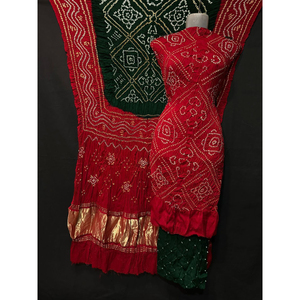 Ensemble de salwar kameez en soie Gajji du Rajasthan de qualité supérieure, avec motif Bandhani, teint à la main, style ethnique traditionnel, avec dupatta - Product Image 1