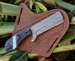 Cuchillo de caza de hoja fija de acero de Damasco hecho a mano, personalizado y de primera calidad, con mango de madera y funda de cuero, punta caída. - Product Image 6