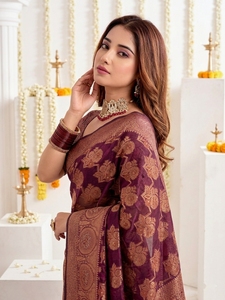 AARA Fashion <b>Maroon</b> Silk Floor-Length <b>Saree</b> with Gold Floral Print Sun Protection Traditional Indian Wedding Wear for Women - Product Image 2