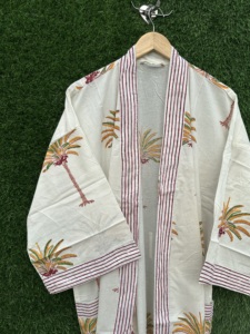 Handmade Cotton Kimono Robe V-neck Long Sleeve Full Length Boho Beach Cover Lightweight Block Print Spring Summer Womens <b>Lounge</b> - Product Image 3