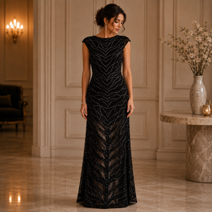 Women Black Beaded Sheer Mesh Maxi Dress Sleeveless Round Neck <b>Sequin</b> Evening Gown Elegant Formal Party Wedding Prom Occasion - Product Image 2