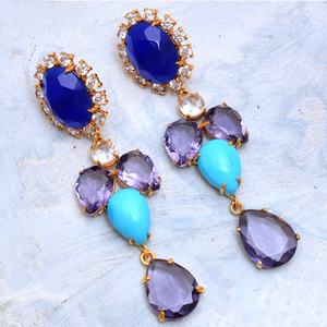 Venta al por mayor 925 Plata esterlina Atractivo Dangler Chapado en oro Calcedonia azul y CZ Pendiente Precio al por mayor Pendientes de moda - Product Image 2