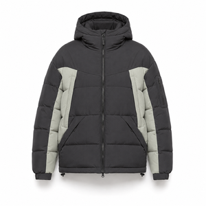 Wholesale Hooded Puffer <b>Jacket</b> Contrast Panel Construction Warm Polyester Filling Custom Patch Multiple Zipper Pockets - Product Image 1