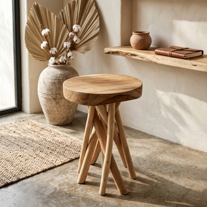 Nouveau tabouret en teck minimaliste moderne, base en branche de teck massif naturel, table d'appoint ronde pour salon et patio - Product Image 5