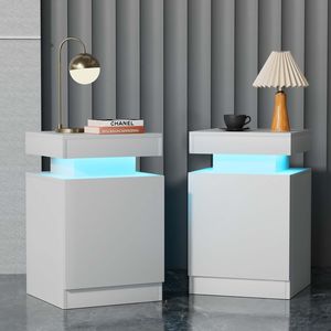 Modern 15-Inch LED Nightstands Set of 2 <b>High</b> Gloss Surface <b>Bedside</b> <b>Table</b> with End <b>Table</b> Nightstand Set - Product Image 1