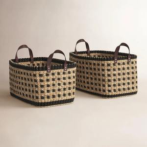 Juego de 2 Cestas de Mimbre con Patrón a Cuadros Negro y Natural, Hechas a Mano, Ecológicas, Hechas en Vietnam, Venta al Por Mayor - Product Image 1