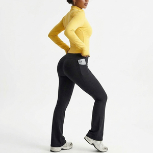 Women's Yellow Zip-Up <b>Long</b> <b>Sleeve</b> <b>Top</b> With <b>Black</b> Flared Pants Set Sporty All Seasons Knitted Spandex Polyester Workout Wear - Product Image 3