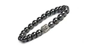 Bracelet élastique en pierre d'hématite naturelle fait main – Breloque tête de Bouddha argentée, bijoux de yoga et de méditation - Product Image 6