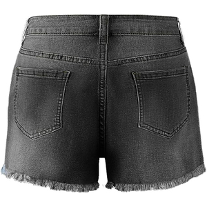 Shorts de mezclilla rasgados de cintura alta para mujer, ecológicos, de secado rápido, grises, elásticos, desgastados, con dobladillo enrollado, estilo vintage, con bolsillos - Product Image 3
