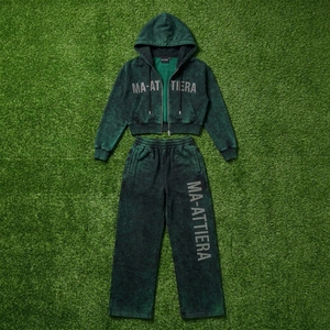 Conjunto de Sudadera con Capucha y Pantalones Jogger para Mujer, Personalizado, Lavado Ácido, Negro, con Cierre, de Algodón y Felpa, Ropa Deportiva Urbana, Venta al Por Mayor OEM - Product Image 5