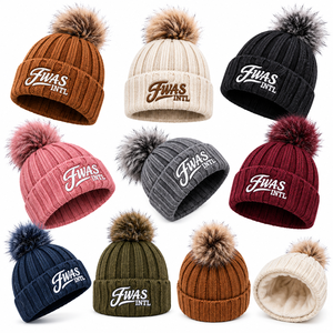 Bonnet côtelé épais personnalisé de haute qualité unisexe avec pompon en fausse fourrure, bonnet d'hiver à logo brodé sur le revers, chapeau en tricot doux, vente en gros USA - Product Image 6