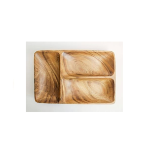 Plateau de service rectangulaire en bois artisanal avec 3 compartiments, organisateur écologique pour collations et condiments, ustensiles de cuisine rustiques - Product Image 3