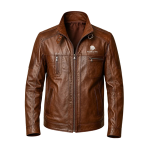 <b>Men</b> <b>Genuine</b> <b>Leather</b> <b>Jacket</b> With Stand Collar Full Zip Closure Multi Pocket Design Vintage Motorcycle Riding Casual Outdoor Biker - Product Image 1