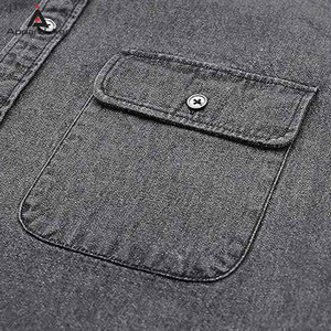 เสื้อเชิ้ตยีนส์ผู้ชายทรงสลิมฟิต สวมใส่สบาย ระบายอากาศได้ดี เป็นมิตรกับสิ่งแวดล้อม แขนสั้น ผ้าฝ้ายทนทาน เหมาะสำหรับฤดูร้อน รับผลิตแบบ OEM พร้อมบริการสกรีนโลโก้ตามสั่ง - Product Image 4