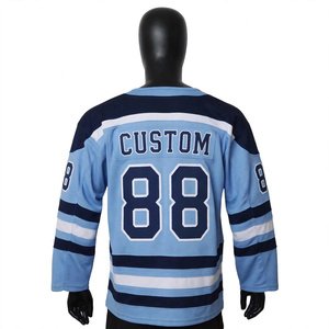 Custom Sublimated Ice Hockey Jersey <b>Mens</b> Light Blue Navy <b>White</b> Striped Team Training Wear Breathable <b>Long</b> <b>Sleeve</b> Sportswear - Product Image 1