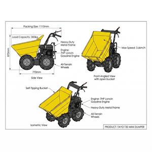 Mini-dumper professionnel TAYO T30, capacité 300 kg, moteur 7 CV, plateau métallique, 4 roues, usage intensif pour la construction - Product Image 2
