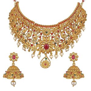 Conjunto de Collar Gargantilla y Pendientes con Diseño Floral Chapado en Oro, con Perlas de Imitación y Piedras, para Mujer, Joyería de Moda para Bodas - Product Image 1