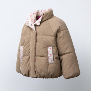 <b>Corduroy</b> Puffer <b>Jacket</b> Stand Collar Floral Pocket Winter Coat Unisex Casual Thick Loose Fit Short Length Pullover Style - Product Image 2