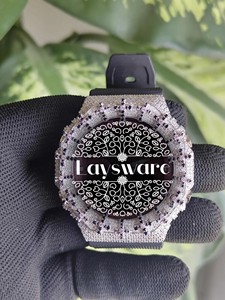 Montre de luxe pour femme, sertie de moissanite VVS, cadran rose, bracelet en caoutchouc noir, analogique-numérique, style hip-hop - Product Image 4