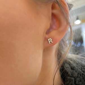Diamond Initial Stud <b>Earring</b> Alphabet Name 14K 18k Solid Gold Dainty Solitaire Everyday Wear Minimalist Letter Studs For Women - Product Image 2