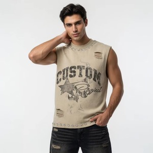 Custom Screen Print <b>Distressed</b> Rhinestone Tank <b>Top</b> 100% Cotton Premium Streetwear Sleeveless T Shirt Unisex OEM Wholesale - Product Image 4