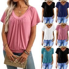Camiseta de Algodón para Mujer, Estilo Casual, Corte Ajustado, Estampado Sólido, Cuello en V, Manga Corta, Textura Arrugada - Product Image 3