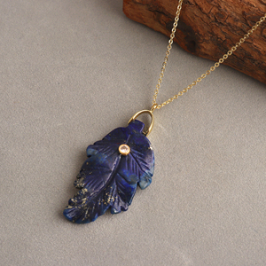 Semi-precious gemstone necklace natural lapis lazuli hand carved leaf pendant with cz accent gold plated chain necklace for her - Product Image 6