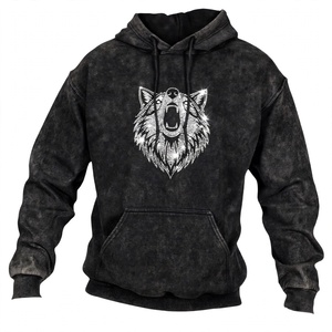 Sweat à capuche imperméable en coton épais pour homme, style vintage, délavé à l'acide, avec strass, motif loup, effet minéral, coupe ample - Product Image 1