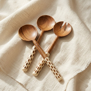 Handcrafted Acacia Wood <b>Salad</b> Server Set with Decorative Bone Inlay Handles Wooden Serving Utensils Wholesale Custom Logo - Product Image 6