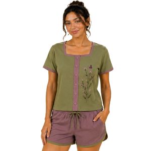 Olive Green And Mauve Women Two Piece Shorts Set Square Neck Button <b>Top</b> Floral Butterfly Print Casual Summer Cotton Lounge Wear - Product Image 1