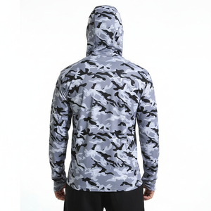 <b>Men's</b> Gray Camouflage Long Sleeve Hooded Shirt with <b>Face</b> <b>Mask</b> Anti-UV Fishing Pullover Top - Product Image 2