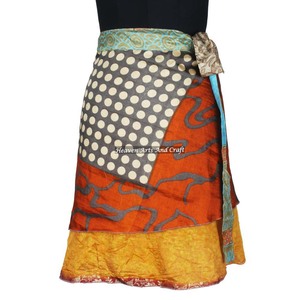 กระโปรงมินิผ้าไหมวินเทจสองชั้นแบบพันได้ กระโปรงมินิผ้าไหมส่าหรีวินเทจแบบพันรอบตัวสำหรับผู้หญิง ผูกเอวสไตล์ยิปซี - Product Image 1