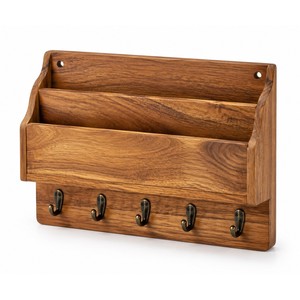 Organisateur mural pour courrier en bois d'acacia avec crochets - Vente en gros pour le rangement domestique - Product Image 1