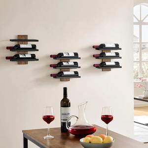 Estante de Vino de Pared de Tres Niveles Estilo Industrial Vintage para 9 Botellas, Estantes Flotantes de Madera Rústica y Metal Negro - Product Image 2