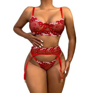 Lencería Sexy 2023, Nuevo Conjunto de Tres Piezas con Flores Miniatura Transparentes, Bordado con Aros de Acero, Ropa de Dormir Erótica - Product Image 1