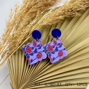 Orecchini pendenti alla moda con motivo rosa viola e borchie blu, set da 12 pezzi - Product Image 3