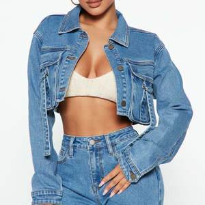 Veste en jean courte pour femme Outfitize, coupe slim, taille haute, bleu clair, tendance - Product Image 1