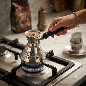 Cafetera turca de plata grabada, niquelada, Cezve, Ibrik árabe, Briki griega, calentador de leche para estufa con mango largo de madera negra - Product Image 4