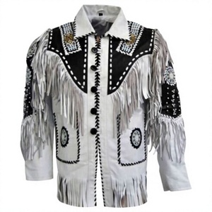 Veste en cuir western pour homme avec franges et broderies, style vintage, col rabattu, coupe classique, pour l'automne - Product Image 1