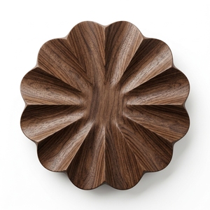 Bol de service en bois de teck massif de qualité alimentaire, en forme de fleur, rainuré, sculpté, motif floral ondulé, assiette décorative élégante pour salade et fruits - Product Image 1