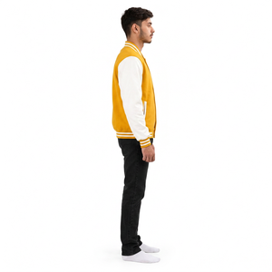 Chaqueta Varsity para Hombre en Color Amarillo con Bloques de Color, Mangas Blancas, Cuello Alto, Cierre de Botones, Estilo Deportivo Casual - Product Image 6