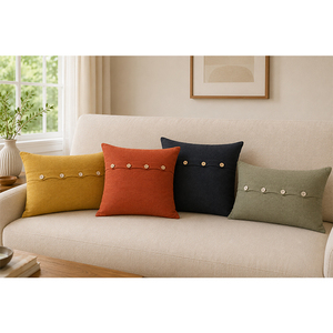 Housse de coussin en lin de qualité supérieure avec détail bouton décoratif |   Housse de coussin texturée jaune moutarde pour la décoration de la maison et des hôtels - Product Image 5