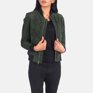 <b>Women's</b> Green <b>Suede</b> Bomber <b>Jacket</b> Full Sleeve Stand Collar Zipper Closure Autumn Wear Fashionable <b>Women</b> <b>Jackets</b> - Product Image 5