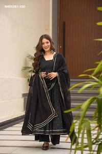 Conjunto de Anarkali con Base de Seda y Diseño de Rayas Estampadas, Manga Larga y Acolchado, Pantalón Plazzo y Dupatta, Exportador Indio - Product Image 6