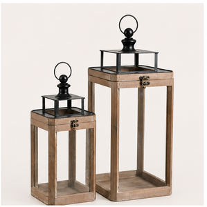 Set of 2 <b>Large</b> Farmhouse Wooden <b>Lanterns</b> with Metal Top Rustic Decorative Floor Candle Holders for Indoor Outdoor Home Decor - Product Image 1