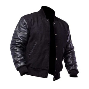 Chaqueta Varsity Negra con Mangas de Cuero, Estilo Americano, Gráficos Atrevidos, Bordado Personalizado para Gen Z, para el Día a Día y para la Universidad - Product Image 1