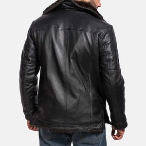 Veste coupe-vent en cuir véritable pour homme, doublée de laine, col montant, fermeture éclair, manteau d'hiver pour motard, vêtement d'extérieur décontracté - Product Image 4