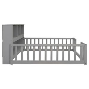 Grey Full Floor <b>Bed</b> with <b>Side</b> Bookcase Shelves & Guardrails - Product Image 3